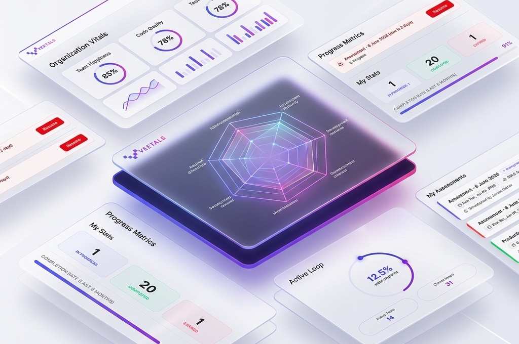 VEETALS dashboard composite showing maturity radar chart, organisation vitals, and progress metrics